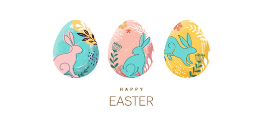 Happy Easter. Bunnies, eggs and flowers. Modern style design, pastel colors