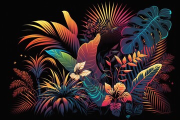 illustration, tropical palm trees with neon lights, ai generative