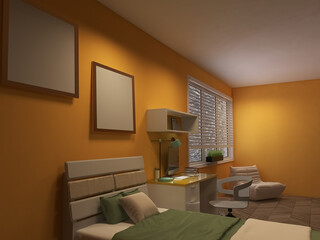 Room interior, table, computer 3d render, 3d illustration