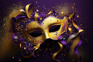 Carnival mask with colorful confetti and streamers. Carnival background. Generative ai and digital editing.