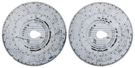 Two tachograph discs with a car driving record on an isolated background.