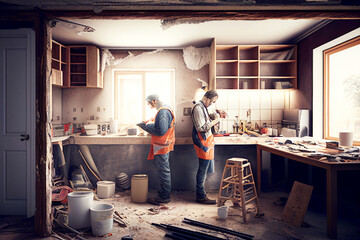 couple of people in a house under renovation real estate construction 
