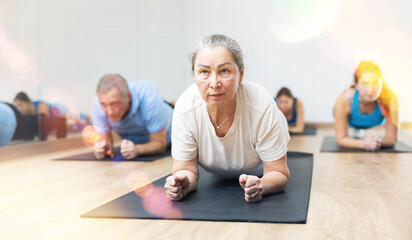 Group of young elderly people exercising Pilates while standing in plank on mats in rehabilitation...