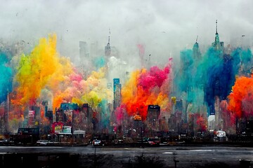 watercolor painting of a city, exploding colors, brightening up the grey city with beautiful paint explosion