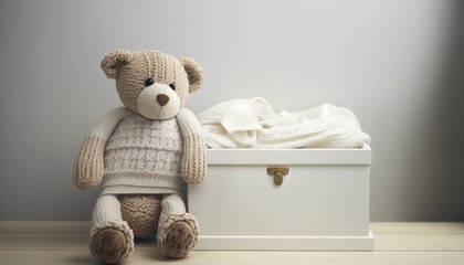 Cute teddy bear and box with knitted baby clothes. Generative AI