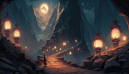 mountain with lanterns and moon