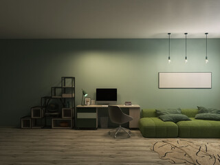 Room interior, table, computer 3d render, 3d illustration