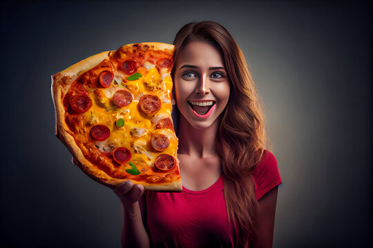 Young woman with slice of tasty pizza showing thumb-up. Generative AI. 2