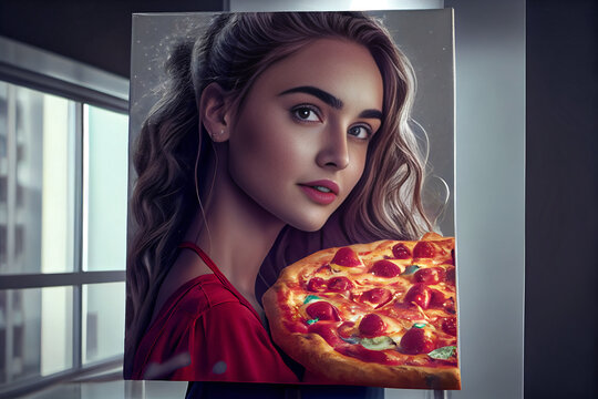 Young woman with slice of tasty pizza showing thumb-up. Generative AI. 4