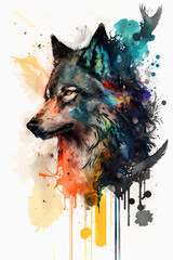 Abstract watercolored wolf head. Generative AI