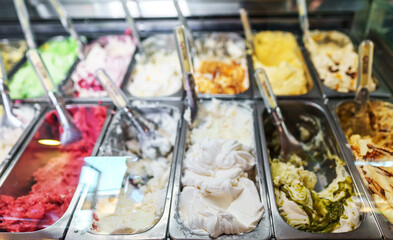 Ice cream with different flavors in the ice cream shop.