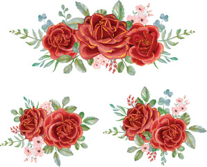 Fototapeta na wymiar Red Rose with Gold Line Watercolor floral arrangement bouquet. Luxurious floral elements, botanical background or wallpaper design, prints and invitations, and postcards.