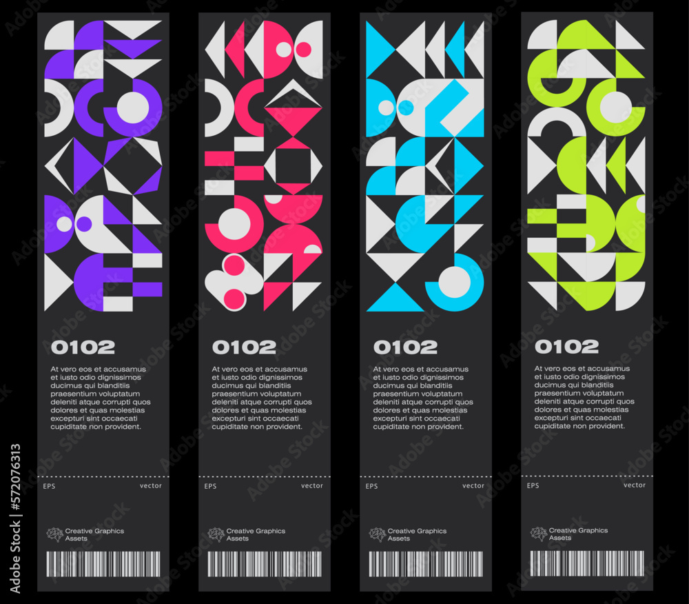 Poster ticket vector template layout with abstract bauhaus geometric pattern, vector circle, triangle, and 