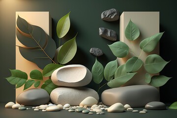 illustration, wellness spa product display background leaves and pebbles, ai generative