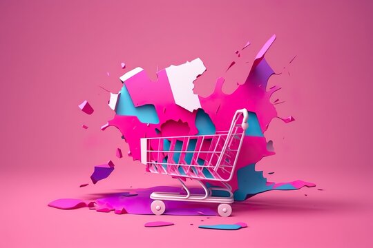 Shoping cart with vivid pink torn paper. Burst hole background. Minimal abstract colorful wallpaper concept.
Generative AI