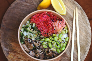 Chinese poke bowl with shiitake mushrooms and pickled ginger.
