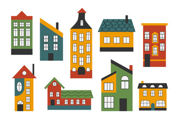 Fototapeta premium A set of colorful flat style houses. Buildings with Scandinavian style windows. Fancy town and country houses with windows, roof tiles and chimneys with smoke. Cute country tiny houses. 