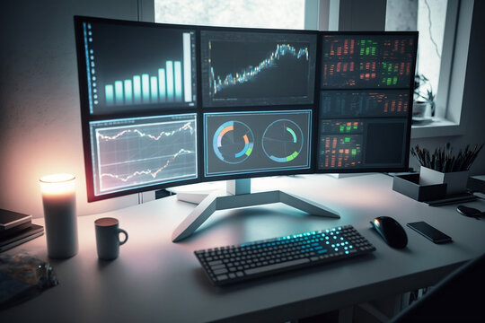 Office computer displaying stocks and financial graphs on multiple monitors with backlit LED keyboard and mouse as lit candle illuminates white table and office window allows in sunlight
