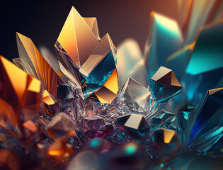 Abstract background of shiny translucent crystals, each with its unique shape and color. The crystals appear to be illuminated from within, creating a captivating glow and a sense of depth. 