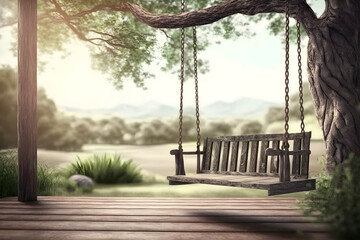 Old wooden deck with wooden swing hanging from a tree with blurred nature background - generative ai