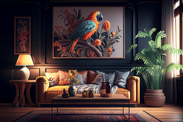 contemporary living room with big painting bird  real estate