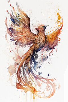 watercolor paint of a colorful phoenix on a white background. Generative AI