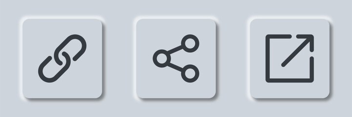 Link button in neumorphism style. External Link Icon symbol. Link, share link icons set.