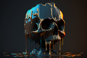 Skull with Paint Dripping off of it, Blue and Gold, 3D Render