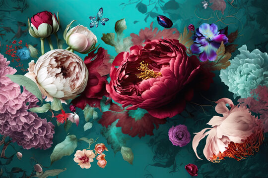 Beautiful peonies flowers arrangement on turquoise blue background. AI Generated