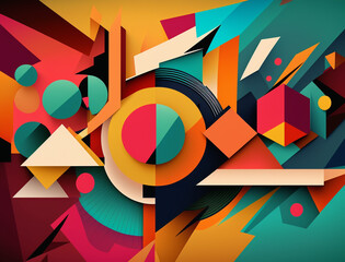Eye-catching image showcases a mesmerizing abstract composition of geometric shapes in bold and bright colors. The combination of angular shapes and vivid hues creates a sense of movement and energy.