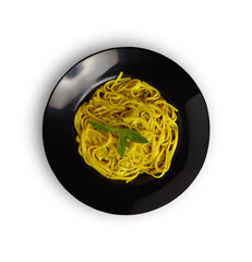 Linguine Pasta On Black Plate Mint Leafs On Top Isolated White Background PNG File Aerial View