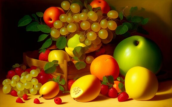 illustration in digital art of a set of tropical fruits on a table. warm colors