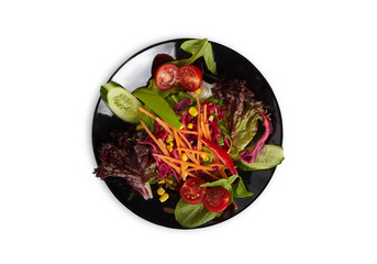 Green Salad with Carrot and Cucumber in a Black Plate Isolated Aerial View Transparent PNG File