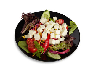 Green Salad With Cubed Feta Cheese Isolated White Background