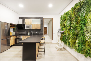 Kitchen equipped with wooden furniture combined with a black countertop with stools and gray appliances