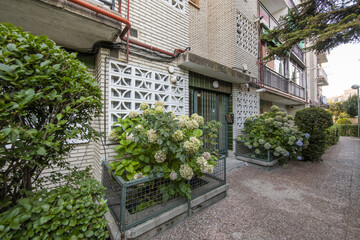 Portal of a building with white bricks, a green metal door and flower pots full of flowers