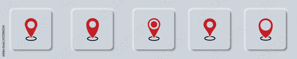 Poster set of map pin location button in neumorphism style.