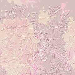 Lotus flowers textured 3d modern pattern. Floral embossed watercolor pink background. Grunge dirty backdrop. Line art lotus flowers, leaves. Abstract hand drawn surface ornaments. Embossing effect