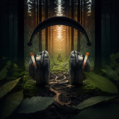 Abstract image of headphones on the background of nature. High quality illustration