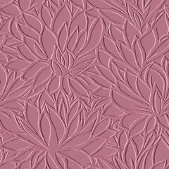 Lotus. 3d embossed grunge floral seamless pattern. Textured lotus flowers relief background. Repeat emboss plants backdrop. Surface leaves, flowers. 3d pink flowers ornament with embossing effect.