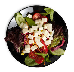 Green Salad With Cubed Feta Cheese Aerial View Isolated PNG File