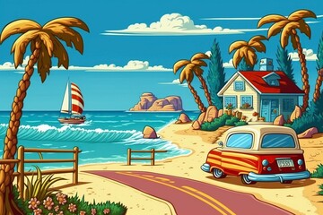cartoon illustration, summer vacation at the beach, ai generative.