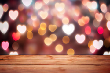 Empty wooden table, blurred hearts and bokeh background. Wood desk surface mockup for design or product display. Created with Generative Ai technology