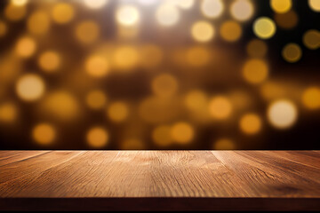 Empty wooden table, blurred dark golden bokeh background. Wood desk surface mockup for design or product display. Created with Generative Ai technology