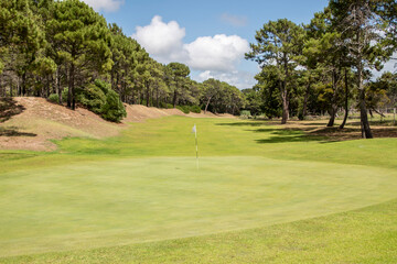 Campo de deporte de golf con un verde e impecable césped en verano