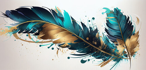 Background turquoise and gold feathers. Generative AI