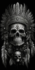 Detailed one color tattoo, skull, lion, wolf, eagle, india, indian, nature, totem, generative ai