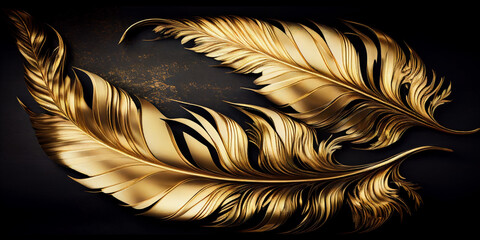 Abstract gold feathers on isolated black background. Wallpaper, backdrop, screensaver. Generative AI