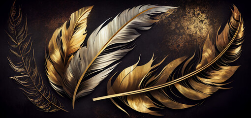 Abstract gold feathers on isolated black background. Wallpaper, backdrop, screensaver. Generative AI