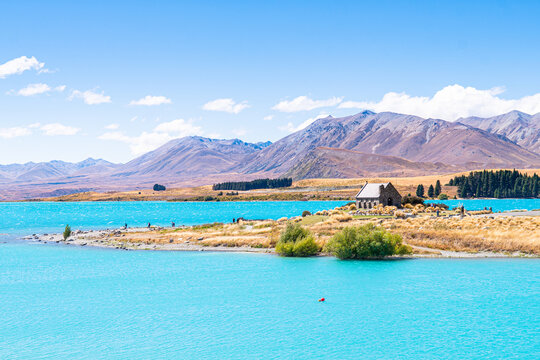 views of the good sheeper church in tekapo lake, new zealanda